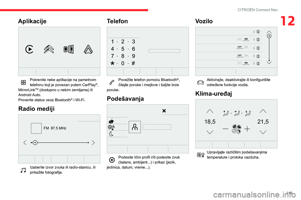 CITROEN BERLINGO VAN 2021  Priručnik (in Serbian) 215
CITROËN Connect Nav
12Aplikacije 
 
Pokrenite neke aplikacije na pametnom 
telefonu koji je povezan putem CarPlay®, 
MirrorLinkTM (dostupno u nekim zemljama) ili 
Android Auto.
Proverite status 