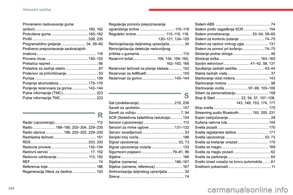 CITROEN BERLINGO VAN 2021 Priručnik (in Serbian) 244
Abecedni sadržaj
Privremeno naduvavanje gume
(pribor)
160, 162
Probušena guma
160–162
Profili
209, 235
Programabilno grejanje
34, 59–60
Prošireno prepoznavanje saobra CITROEN BERLINGO VAN 2021 Priručnik (in Serbian) 244
Abecedni sadržaj
Privremeno naduvavanje gume
(pribor)
160, 162
Probušena guma
160–162
Profili
209, 235
Programabilno grejanje
34, 59–60
Prošireno prepoznavanje saobra