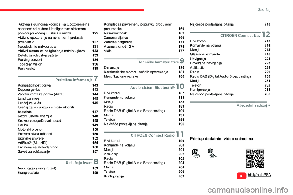 CITROEN BERLINGO VAN 2021  Priručnik (in Serbian) 3
Sadržaj
  
  
bit.ly/helpPSA
 
 
 
 Aktivna sigurnosna kočnica  sa Upozorenje na 
opasnost od sudara i inteligentnim sistemom   
pomoći pri kočenju u slučaju nužde 
 125
Aktivno upozorenje na 