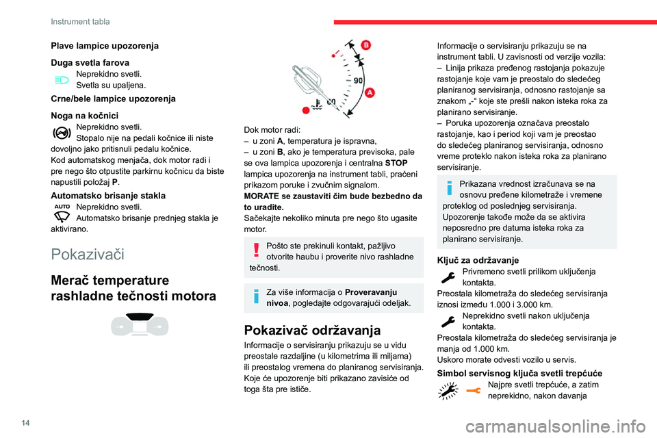 CITROEN C3 AIRCROSS 2021  Priručnik (in Serbian) 14
Instrument tabla
Plave lampice upozorenja
Duga svetla farova
Neprekidno svetli.Svetla su upaljena.
Crne/bele lampice upozorenja
Noga na kočnici
Neprekidno svetli.Stopalo nije na pedali kočnice il
