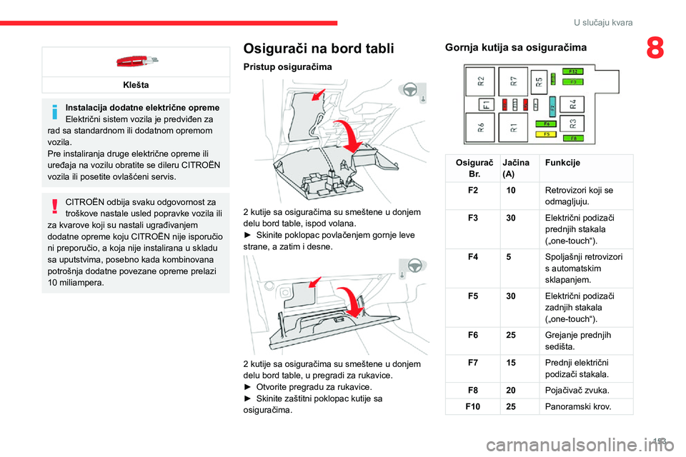 CITROEN C3 AIRCROSS 2021 Priručnik (in Serbian) 153
U slučaju kvara
8
Klešta
Instalacija dodatne električne opreme
Električni sistem vozila je predviđen za
rad sa standardnom ili dodatnom opremom
vozila.
Pre instaliranja druge električne CITROEN C3 AIRCROSS 2021 Priručnik (in Serbian) 153
U slučaju kvara
8
Klešta
Instalacija dodatne električne opreme
Električni sistem vozila je predviđen za
rad sa standardnom ili dodatnom opremom
vozila.
Pre instaliranja druge električne