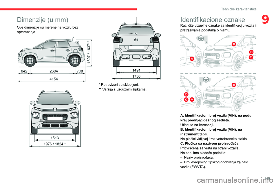CITROEN C3 AIRCROSS 2021  Priručnik (in Serbian) 165
Tehničke karakteristike
9Dimenzije (u mm)
Ove dimenzije su merene na vozilu bez 
opterećenja.
 
 
* Retrovizori su sklopljeni.
** Verzija s uzdužnim šipkama.
Identifikacione oznakeRazličite v