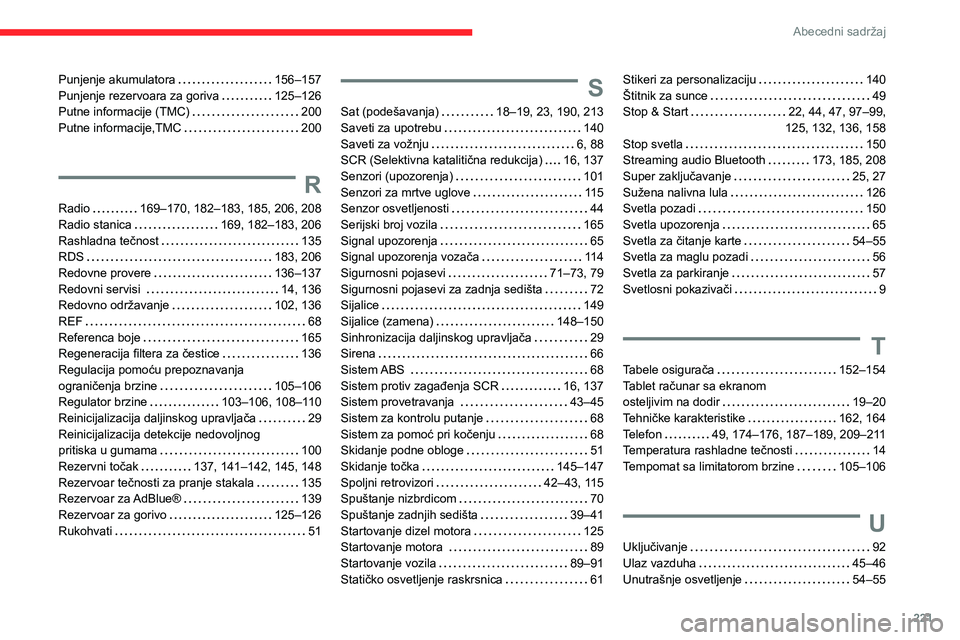 CITROEN C3 AIRCROSS 2021  Priručnik (in Serbian) 221
Abecedni sadržaj
Punjenje akumulatora   156–157Punjenje rezervoara za goriva   125–126Putne informacije (TMC)   200Putne informacije,TMC   200
R
Radio   169–170, 182–183, 185, 206, 208
Ra