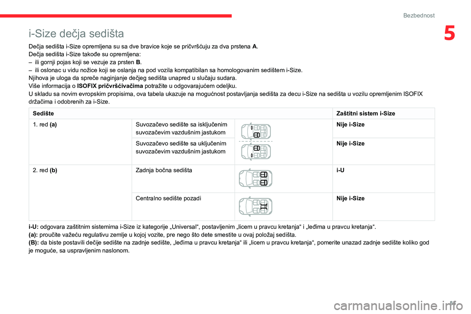 CITROEN C3 AIRCROSS 2021  Priručnik (in Serbian) 85
Bezbednost
5i-Size dečja sedišta
Dečja sedišta i-Size opremljena su sa dve bravice koje se pričvršćuju za dva prstena A.
Dečja sedišta i-Size takođe su opremljena:
– ili gornji pojas ko