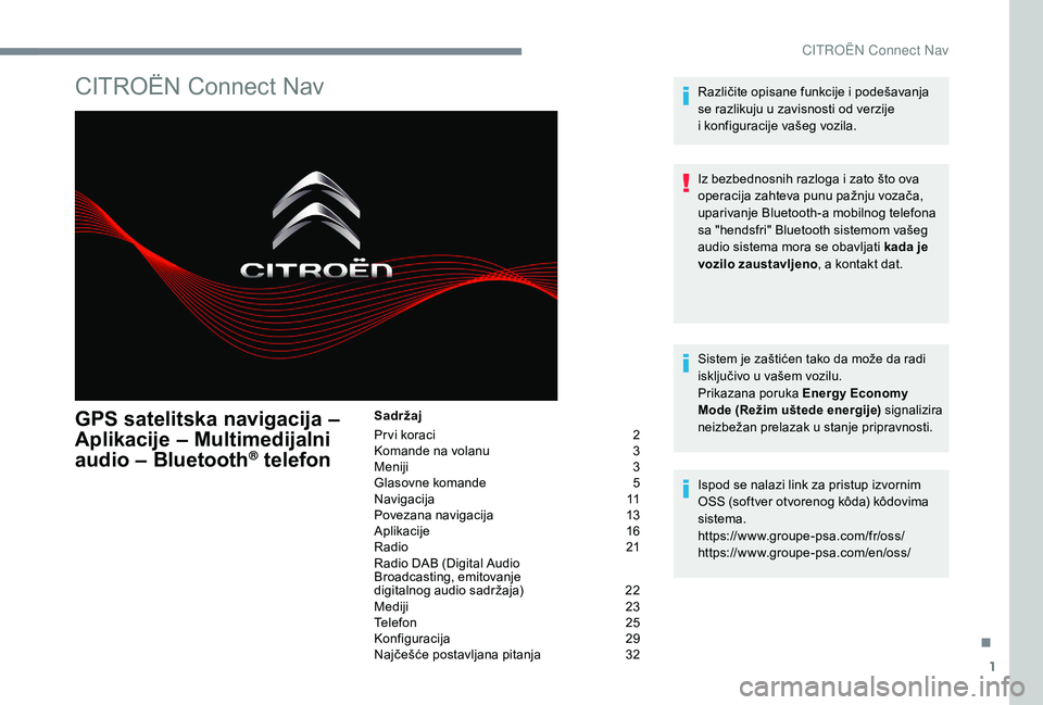 CITROEN C4 SPACETOURER 2021 Priručnik (in Serbian) 1
CITROËN Connect Nav
GPS satelitska navigacija –
Aplikacije – Multimedijalni
audio – Bluetooth
® telefon
Sadržaj
Pr vi koraci
2
K
omande na volanu
3
M
eniji
3
G
lasovne komande CITROEN C4 SPACETOURER 2021 Priručnik (in Serbian) 1
CITROËN Connect Nav
GPS satelitska navigacija –
Aplikacije – Multimedijalni
audio – Bluetooth
® telefon
Sadržaj
Pr vi koraci
2
K
omande na volanu
3
M
eniji
3
G
lasovne komande