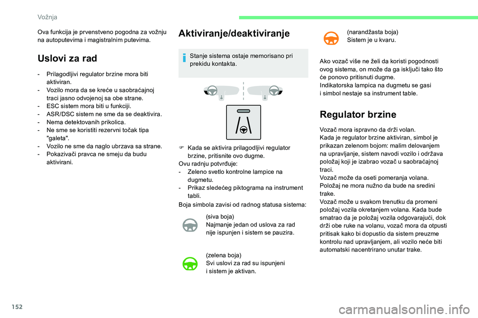 CITROEN C5 AIRCROSS 2020 Priručnik (in Serbian) 152
Uslovi za rad
- Prilagodljivi regulator brzine mora biti aktiviran.
-
V
ozilo mora da se kreće u saobraćajnoj
traci jasno odvojenoj sa obe strane.
-
ES
C sistem mora biti u funkciji.
CITROEN C5 AIRCROSS 2020 Priručnik (in Serbian) 152
Uslovi za rad
- Prilagodljivi regulator brzine mora biti aktiviran.
-
V
ozilo mora da se kreće u saobraćajnoj
traci jasno odvojenoj sa obe strane.
-
ES
C sistem mora biti u funkciji.