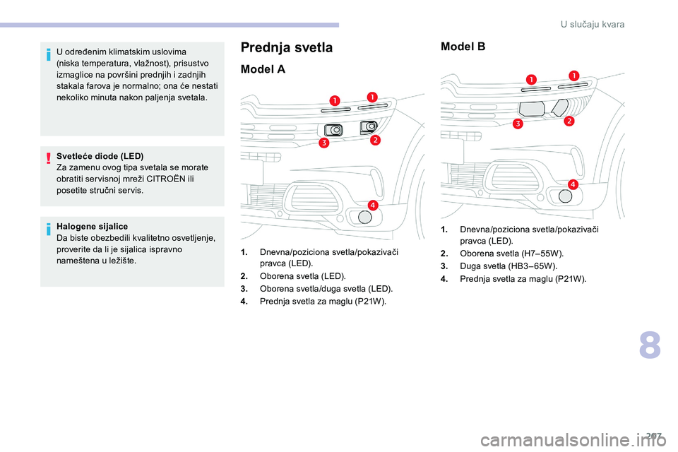 CITROEN C5 AIRCROSS 2020  Priručnik (in Serbian) 207
U određenim klimatskim uslovima 
(niska temperatura, vlažnost), prisustvo 
izmaglice na površini prednjih i  zadnjih 
stakala farova je normalno; ona će nestati 
nekoliko minuta nakon paljenja