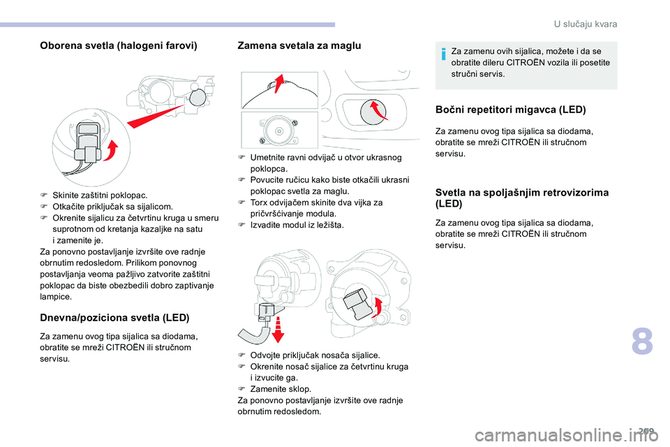 CITROEN C5 AIRCROSS 2020  Priručnik (in Serbian) 209
Oborena svetla (halogeni farovi)
F Skinite zaštitni poklopac.
F O tkačite priključak sa sijalicom.
F
 
O
 krenite sijalicu za četvrtinu kruga u   smeru 
suprotnom od kretanja kazaljke na satu 