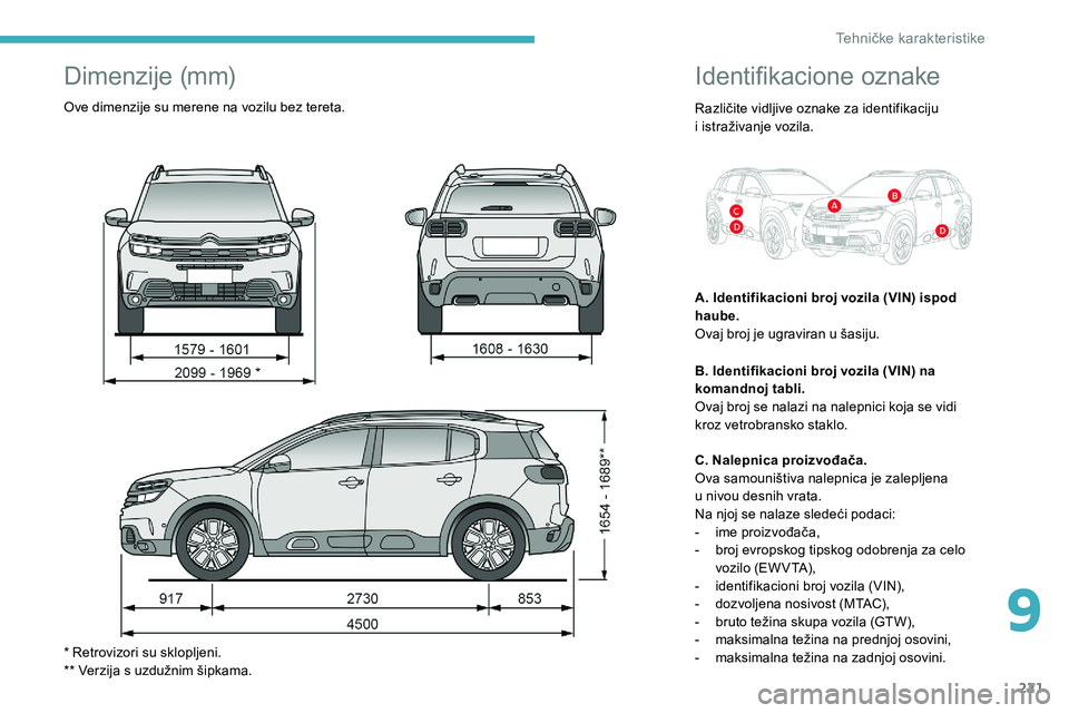 CITROEN C5 AIRCROSS 2020  Priručnik (in Serbian) 221
Identifikacione oznake
Različite vidljive oznake za identifikaciju 
i  istraživanje vozila.
A. Identifikacioni broj vozila (VIN) ispod 
haube.
Ovaj broj je ugraviran u
  šasiju.
B. Identifikaci