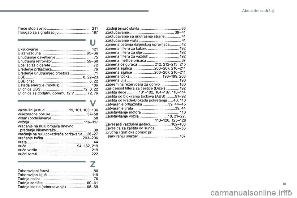 CITROEN C5 AIRCROSS 2020  Priručnik (in Serbian) 229
Uključivanje ...................................................12 1
Ulaz vazduha  .............................. .............65–66
Unutrašnje osvetljenje
 ...................................