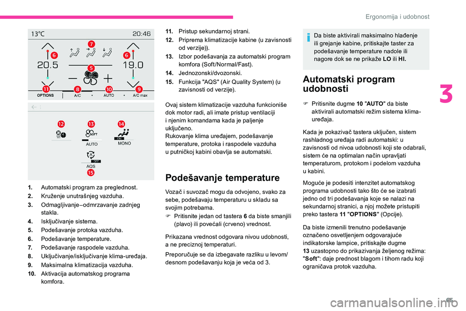 CITROEN C5 AIRCROSS 2020  Priručnik (in Serbian) 65
11.Pristup sekundarnoj strani.
12 . Priprema klimatizacije kabine (u zavisnosti 
od verzije)).
13. Izbor podešavanja za automatski program 
komfora (Soft/Normal/Fast).
14 . Jednozonski/dvozonski.
