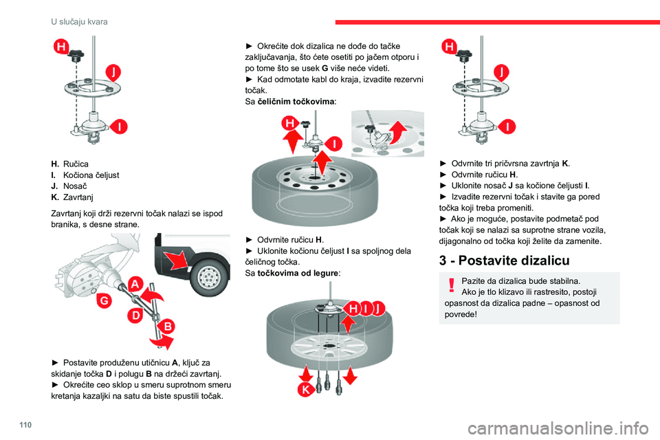 CITROEN JUMPER 2020  Priručnik (in Serbian) 11 0
U slučaju kvara
 
H.Ručica
I.Kočiona čeljust
J.Nosač
K.Zavrtanj
Zavrtanj koji drži rezervni točak nalazi se ispod branika, s desne strane. 
 
► Postavite produženu utičnicu A, ključ z