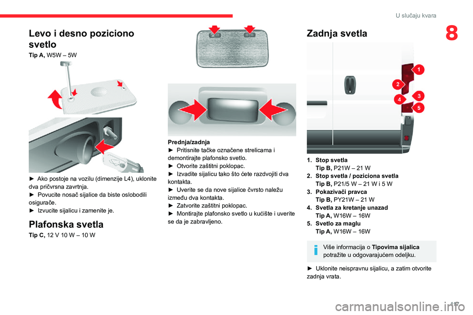 CITROEN JUMPER 2020  Priručnik (in Serbian) 11 7
U slučaju kvara
8Levo i desno poziciono 
svetlo
Tip A, W5W – 5W 
 
► Ako postoje na vozilu (dimenzije L4), uklonite dva pričvrsna zavrtnja.►  Povucite nosač sijalice da biste oslobodili 