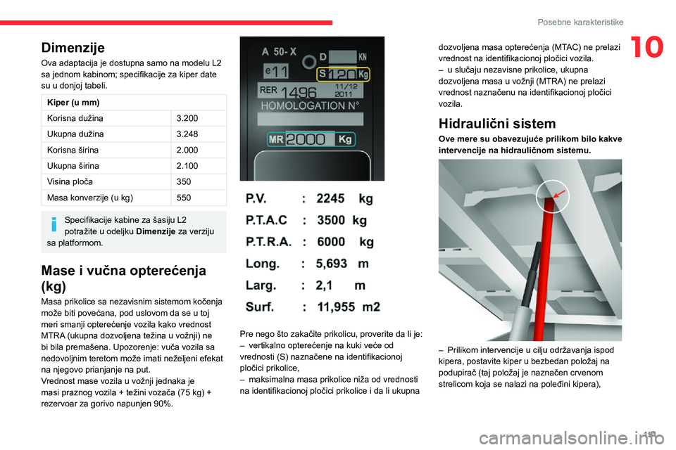 CITROEN JUMPER 2020  Priručnik (in Serbian) 151
Posebne karakteristike
10Dimenzije
Ova adaptacija je dostupna samo na modelu L2 sa jednom kabinom; specifikacije za kiper date su u donjoj tabeli.
Kiper (u mm)
Korisna dužina3.200
Ukupna dužina3