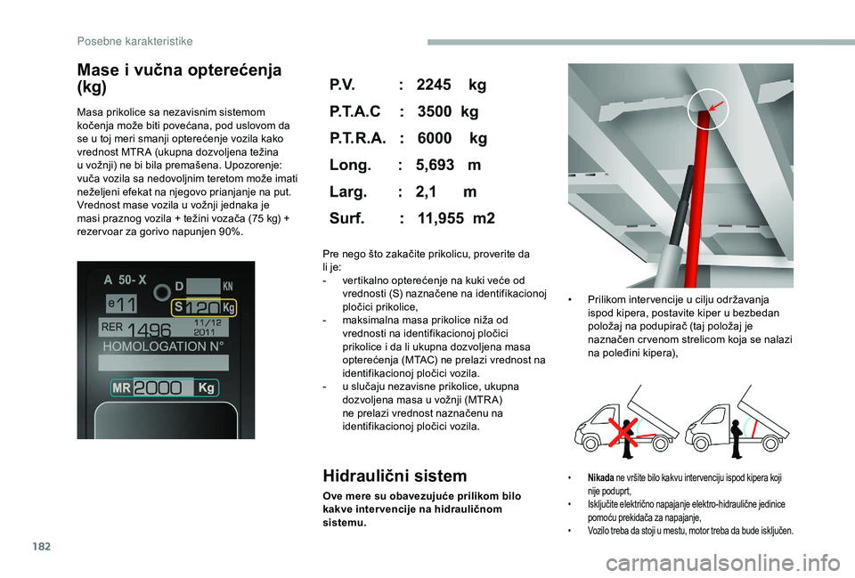 CITROEN JUMPER 2019 Priručnik (in Serbian) 182
Mase i vučna opterećenja
(kg)
Masa prikolice sa nezavisnim sistemom
kočenja može biti povećana, pod uslovom da
se u toj meri smanji opterećenje vozila kako
vrednost MTR A (ukupna dozvol CITROEN JUMPER 2019 Priručnik (in Serbian) 182
Mase i vučna opterećenja
(kg)
Masa prikolice sa nezavisnim sistemom
kočenja može biti povećana, pod uslovom da
se u toj meri smanji opterećenje vozila kako
vrednost MTR A (ukupna dozvol