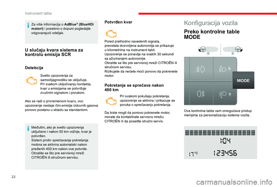 CITROEN JUMPER 2019 Priručnik (in Serbian) 22
Za više informacija o AdBlue® (BlueHDi
motori) i posebno o
dopuni pogledajte
odgovarajući odeljak.
U slučaju kvara sistema za
kontrolu emisija SCR
Detekcija
Svetlo upozorenja za
samodija CITROEN JUMPER 2019 Priručnik (in Serbian) 22
Za više informacija o AdBlue® (BlueHDi
motori) i posebno o
dopuni pogledajte
odgovarajući odeljak.
U slučaju kvara sistema za
kontrolu emisija SCR
Detekcija
Svetlo upozorenja za
samodija