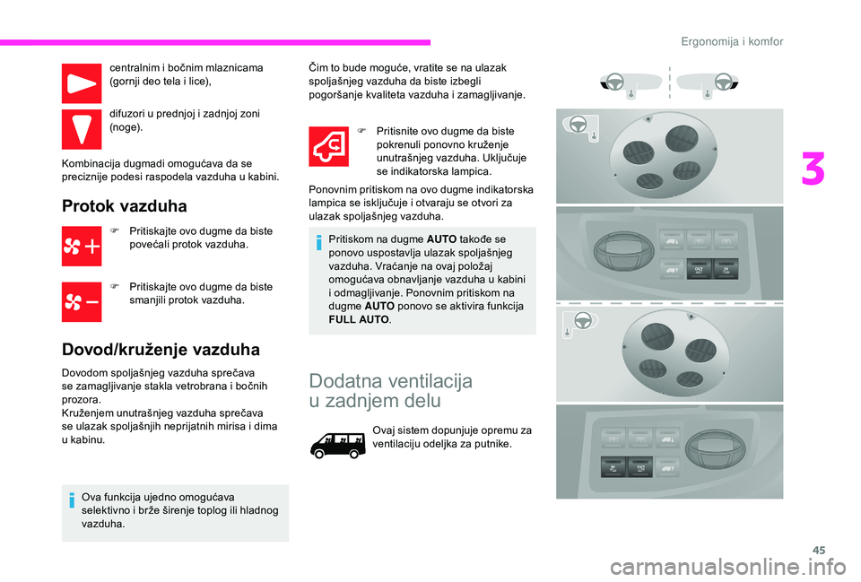 CITROEN JUMPER 2019 Priručnik (in Serbian) 45
centralnim i bočnim mlaznicama
( gornji deo tela i lice),
difuzori u
prednjoj i zadnjoj zoni
(n o g e).
Kombinacija dugmadi omogućava da se
preciznije podesi raspodela vazduha u
kabini CITROEN JUMPER 2019 Priručnik (in Serbian) 45
centralnim i bočnim mlaznicama
( gornji deo tela i lice),
difuzori u
prednjoj i zadnjoj zoni
(n o g e).
Kombinacija dugmadi omogućava da se
preciznije podesi raspodela vazduha u
kabini