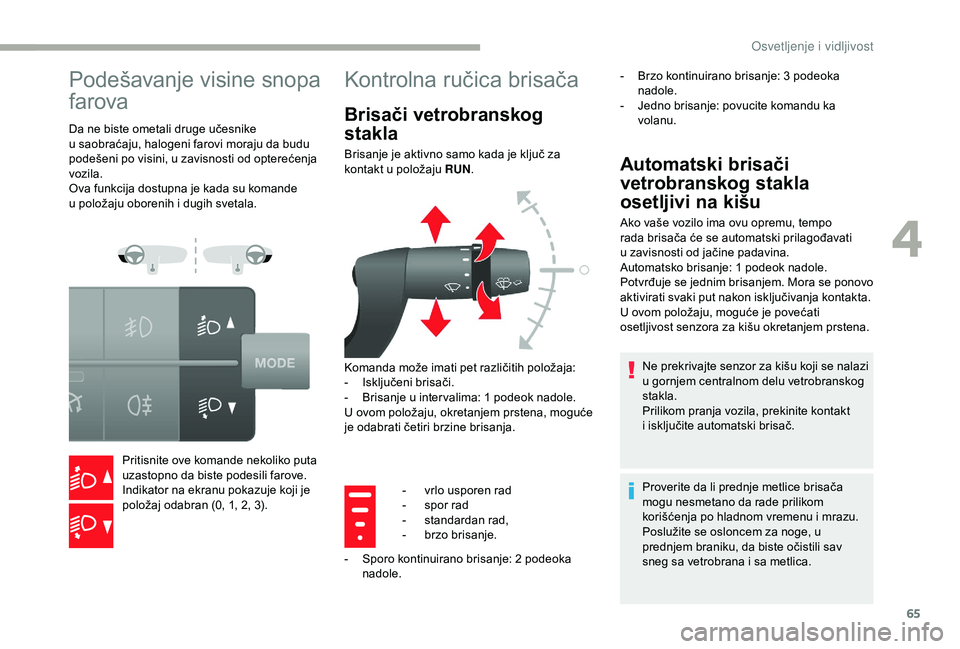 CITROEN JUMPER 2019 Priručnik (in Serbian) 65
Podešavanje visine snopa
farova
Da ne biste ometali druge učesnike
u saobraćaju, halogeni farovi moraju da budu
podešeni po visini, u zavisnosti od opterećenja
vozila.
Ova funkcija dostup CITROEN JUMPER 2019 Priručnik (in Serbian) 65
Podešavanje visine snopa
farova
Da ne biste ometali druge učesnike
u saobraćaju, halogeni farovi moraju da budu
podešeni po visini, u zavisnosti od opterećenja
vozila.
Ova funkcija dostup