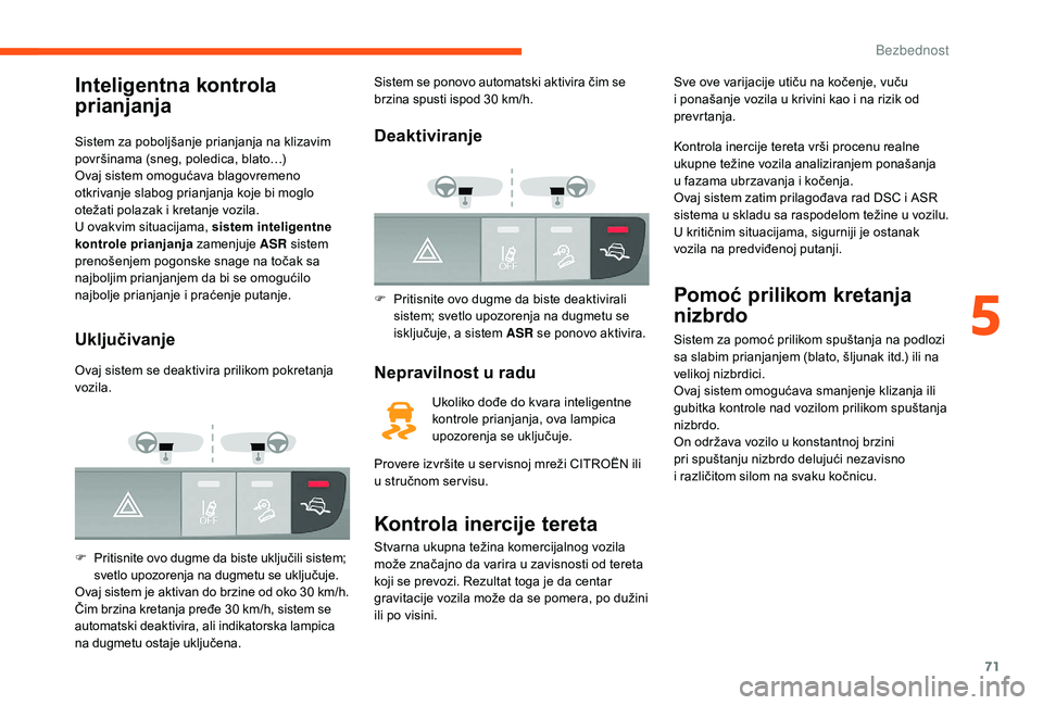 CITROEN JUMPER 2019 Priručnik (in Serbian) 71
Inteligentna kontrola
prianjanja
Sistem za poboljšanje prianjanja na klizavim
površinama (sneg, poledica, blato…)
Ovaj sistem omogućava blagovremeno
otkrivanje slabog prianjanja koje bi mog CITROEN JUMPER 2019 Priručnik (in Serbian) 71
Inteligentna kontrola
prianjanja
Sistem za poboljšanje prianjanja na klizavim
površinama (sneg, poledica, blato…)
Ovaj sistem omogućava blagovremeno
otkrivanje slabog prianjanja koje bi mog