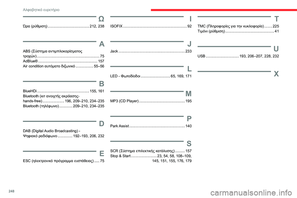 CITROEN BERLINGO VAN 2021  ΟΔΗΓΌΣ ΧΡΉΣΗΣ (in Greek) 248
Αλφαβητικό ευρετήριο
Ω
Ώρα (ρύθμιση)     212, 238
A
ABS (Σύστημα αντιμπλοκαρίσματος  
τροχών)
    
75
AdBlue®
    
157
Air condition 