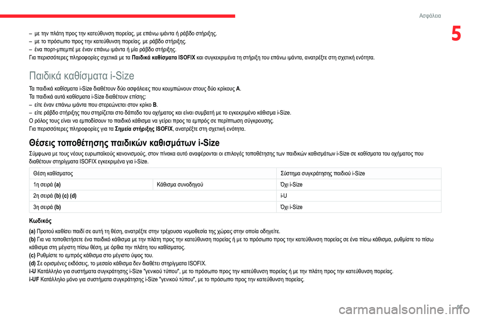 CITROEN BERLINGO VAN 2021 ΟΔΗΓΌΣ ΧΡΉΣΗΣ (in Greek) 93
Ασφάλεια
5– με την πλάτη προς την κατεύθυνση πορείας, με επάνω ιμάντα ή ράβδο στήριξης.
– με τ ο πρόσωπο προ CITROEN BERLINGO VAN 2021 ΟΔΗΓΌΣ ΧΡΉΣΗΣ (in Greek) 93
Ασφάλεια
5– με την πλάτη προς την κατεύθυνση πορείας, με επάνω ιμάντα ή ράβδο στήριξης.
– με τ ο πρόσωπο προ