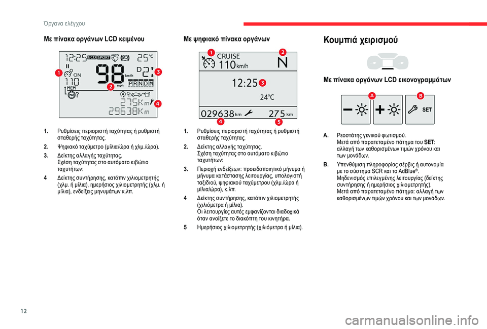 CITROEN BERLINGO VAN 2019  ΟΔΗΓΌΣ ΧΡΉΣΗΣ (in Greek) 12
Με πίνακα οργάνων LCD κειμένου
1.Ρυθμίσεις περιοριστή ταχύτητας ή ρυθμιστή 
σταθερής ταχύτητας.
2. Ψηφιακό ταχ
