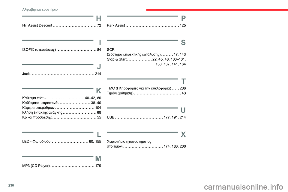 CITROEN C3 AIRCROSS 2021  ΟΔΗΓΌΣ ΧΡΉΣΗΣ (in Greek) 230
Αλφαβητικό ευρετήριο
H
Hill Assist Descent   72
I
ISOFIX (στερεώσεις)   84
J
Jack   214
K
Kάθισμα πίσω   40–42, 80Kαθίσματα μπροστινά   38