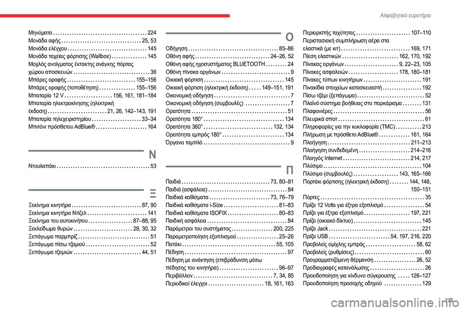 CITROEN C4 2021 ΟΔΗΓΌΣ ΧΡΉΣΗΣ (in Greek) 233
Αλφαβητικό ευρετήριο
Μηνύματα 224
Μονάδα αφής
25, 53
Μονάδα ελέγχου
145
Μονάδα ταχείας φόρτισης (Wallbox)
14 CITROEN C4 2021 ΟΔΗΓΌΣ ΧΡΉΣΗΣ (in Greek) 233
Αλφαβητικό ευρετήριο
Μηνύματα 224
Μονάδα αφής
25, 53
Μονάδα ελέγχου
145
Μονάδα ταχείας φόρτισης (Wallbox)
14