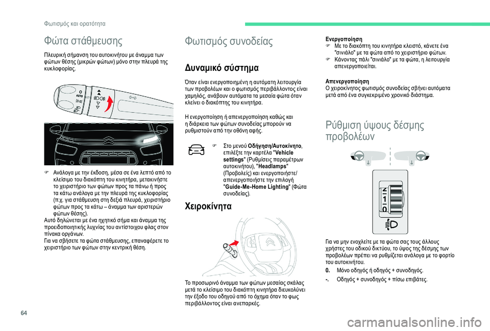 CITROEN C4 CACTUS 2019 ΟΔΗΓΌΣ ΧΡΉΣΗΣ (in Greek) 64
Φώτα στάθμευσης
Πλευρική σήμανση του αυτοκινήτου με άναμμα των
φώτων θέσης (μικρών φώτων) μόνο στην πλευρά CITROEN C4 CACTUS 2019 ΟΔΗΓΌΣ ΧΡΉΣΗΣ (in Greek) 64
Φώτα στάθμευσης
Πλευρική σήμανση του αυτοκινήτου με άναμμα των
φώτων θέσης (μικρών φώτων) μόνο στην πλευρά