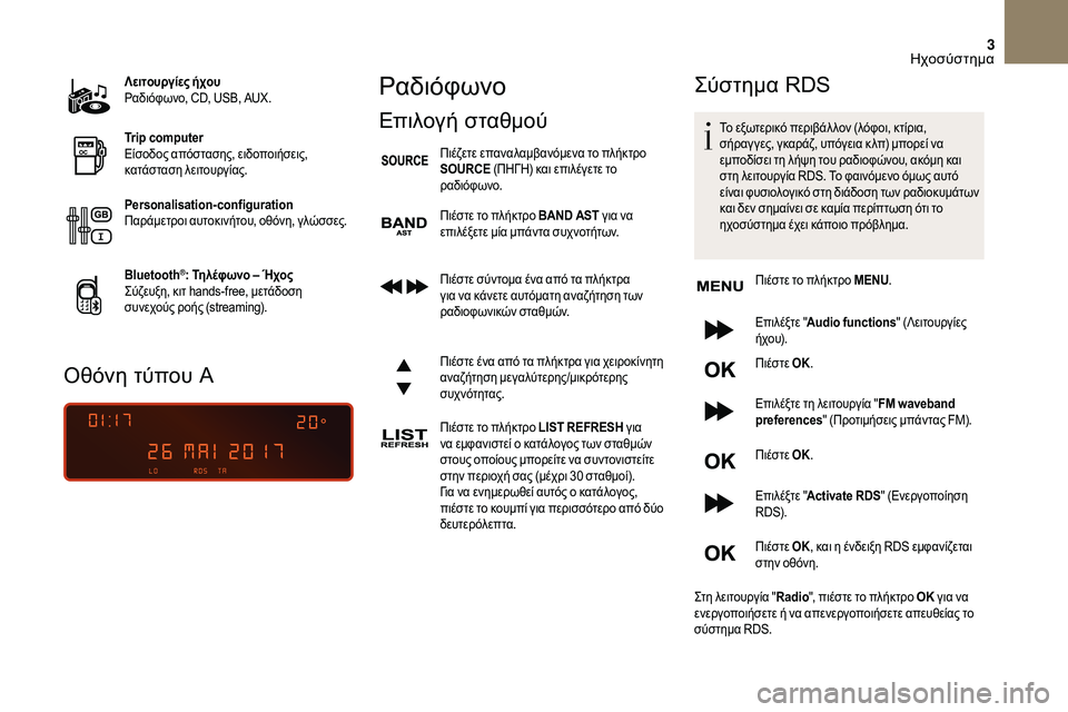 CITROEN DS3 2018  ΟΔΗΓΌΣ ΧΡΉΣΗΣ (in Greek) 3
Λειτουργίες ήχου
Ραδιόφωνο, CD, USB, AUX.
Trip computer
Είσοδος απόστασης, ειδοποιήσεις, 
κατάσταση λειτουργίας.
Personalisati