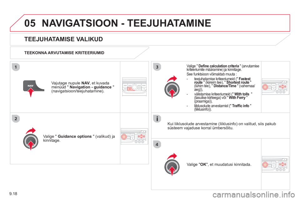 CITROEN BERLINGO ELECTRIC 2015  Kasutusjuhend (in Estonian) 9.18
05NAVIGATSIOON - TEEJUHATAMINE
   
 
 
 
 
TEEJUHATAMISE VALIKUD 
 
 
TEEKONNA ARVUTAMISE KRITEERIUMID
Valige " 
Guidance options" (valikud) ja kinnitage.  
Va l i
ge "OK", et muudatusi kinnitada