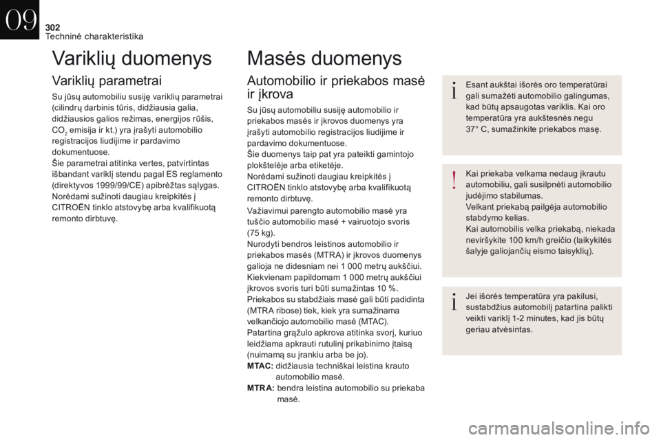 CITROEN DS4 2017 Eksploatavimo vadovas (in Lithuanian) 302
DS4_lt_Chap09_caracteristiques_ed01-2016
Variklių duomenys
Variklių parametrai
Su jūsų automobiliu susiję variklių parametrai
(cilindrų darbinis tūris, didžiausia galia,
didžiausios ga CITROEN DS4 2017 Eksploatavimo vadovas (in Lithuanian) 302
DS4_lt_Chap09_caracteristiques_ed01-2016
Variklių duomenys
Variklių parametrai
Su jūsų automobiliu susiję variklių parametrai
(cilindrų darbinis tūris, didžiausia galia,
didžiausios ga