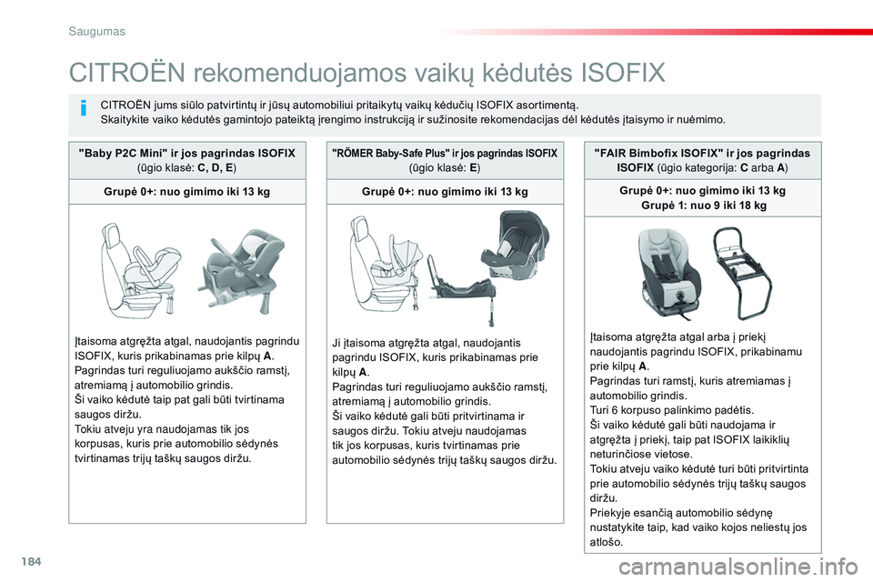 CITROEN JUMPER SPACETOURER 2017 Eksploatavimo vadovas (in Lithuanian) 184
Spacetourer-VP_lt_Chap05_securite_ed01-2016
CITROËN rekomenduojamos vaikų kėdutės ISOFIX
CITROËN jums siūlo patvirtintų ir jūsų automobiliui pritaikytų vaikų kėdučių ISOFIX asortimen CITROEN JUMPER SPACETOURER 2017 Eksploatavimo vadovas (in Lithuanian) 184
Spacetourer-VP_lt_Chap05_securite_ed01-2016
CITROËN rekomenduojamos vaikų kėdutės ISOFIX
CITROËN jums siūlo patvirtintų ir jūsų automobiliui pritaikytų vaikų kėdučių ISOFIX asortimen