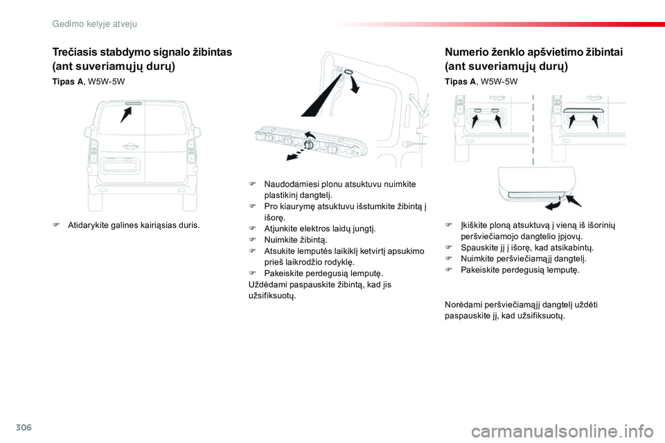 CITROEN JUMPER SPACETOURER 2017  Eksploatavimo vadovas (in Lithuanian) 306
Spacetourer-VP_lt_Chap08_En-cas-de-panne_ed01-2016
Numerio ženklo apšvietimo žibintai
(ant suveriamų jų durų)
Tipas A, W5W-5W
F
  n
a

udodamiesi plonu atsuktuvu nuimkite 
plastikinį dangte
