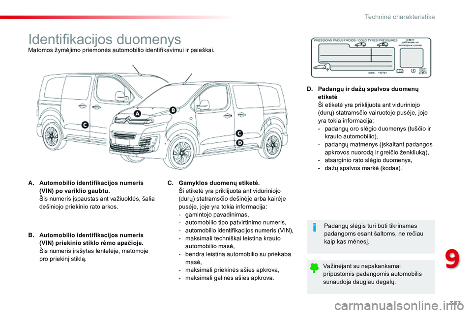 CITROEN JUMPER SPACETOURER 2017 Eksploatavimo vadovas (in Lithuanian) 327
Spacetourer-VP_lt_Chap09_caracteristiques-techniques_ed01-2016
Identifikacijos duomenysMatomos žymėjimo priemonės automobilio identifikavimui ir paieškai.
A.
A
utomobilio identifikacijos nume CITROEN JUMPER SPACETOURER 2017 Eksploatavimo vadovas (in Lithuanian) 327
Spacetourer-VP_lt_Chap09_caracteristiques-techniques_ed01-2016
Identifikacijos duomenysMatomos žymėjimo priemonės automobilio identifikavimui ir paieškai.
A.
A
utomobilio identifikacijos nume