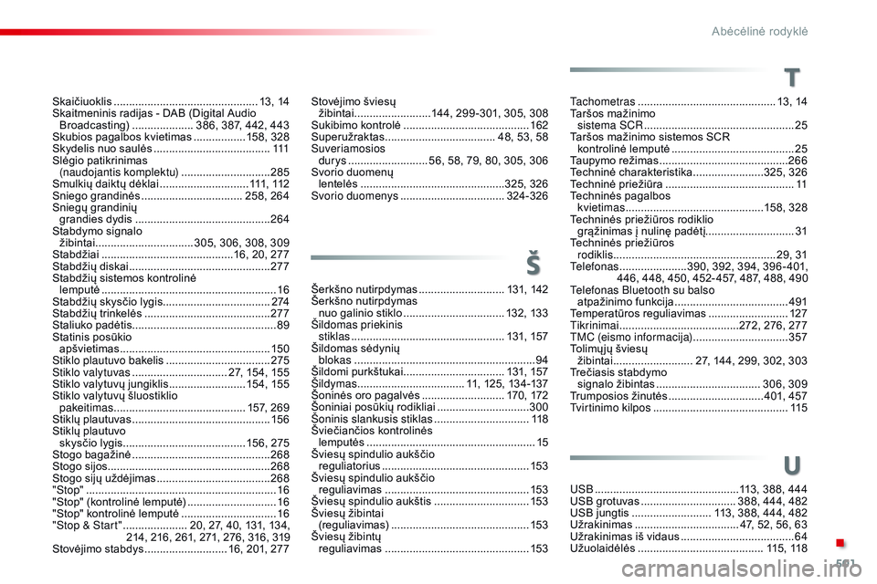 CITROEN JUMPER SPACETOURER 2017 Eksploatavimo vadovas (in Lithuanian) 501
Spacetourer-VP_lt_Chap11_index-alpha_ed01-2016
Stovėjimo šviesų žibintai .........................1 44, 299 -301, 305, 308
Sukibimo kontrolė
......................................... 16
2 CITROEN JUMPER SPACETOURER 2017 Eksploatavimo vadovas (in Lithuanian) 501
Spacetourer-VP_lt_Chap11_index-alpha_ed01-2016
Stovėjimo šviesų žibintai .........................1 44, 299 -301, 305, 308
Sukibimo kontrolė
......................................... 16
2