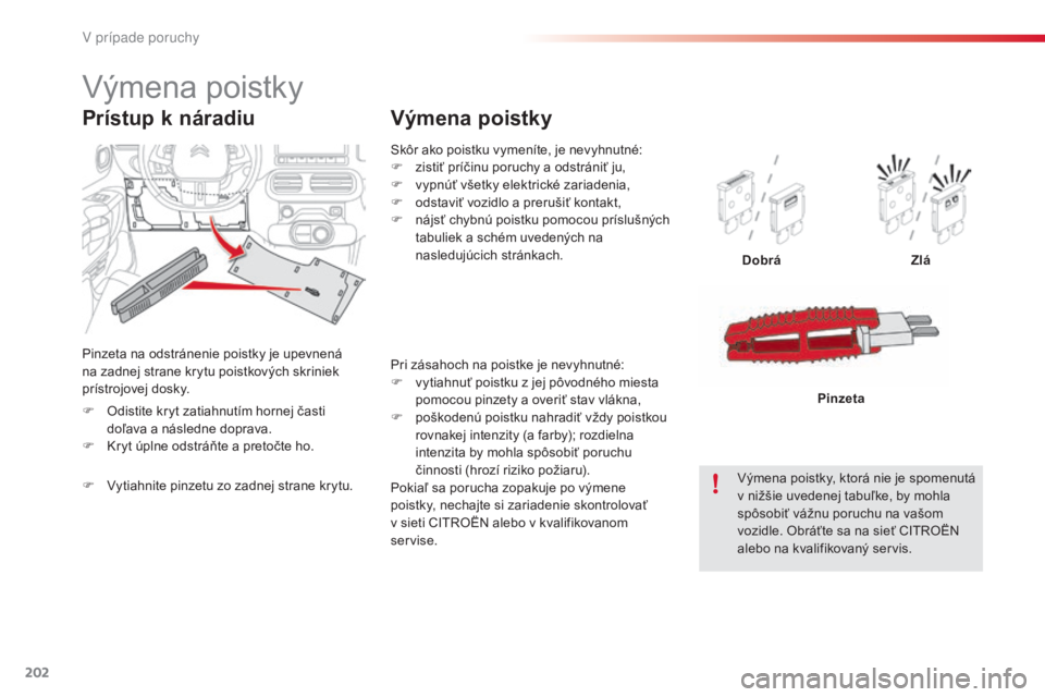 CITROEN C4 CACTUS 2016 Návod na použitie (in Slovak) 202
C4-cactus_sk_Chap08_En-cas-de-panne_ed01-2015
Skôr ako poistku vymeníte, je nevyhnutné:
F z istiť príčinu poruchy a odstrániť ju,
F
v
ypnúť všetky elektrické zariadenia,
F
o
dsta CITROEN C4 CACTUS 2016 Návod na použitie (in Slovak) 202
C4-cactus_sk_Chap08_En-cas-de-panne_ed01-2015
Skôr ako poistku vymeníte, je nevyhnutné:
F z istiť príčinu poruchy a odstrániť ju,
F
v
ypnúť všetky elektrické zariadenia,
F
o
dsta