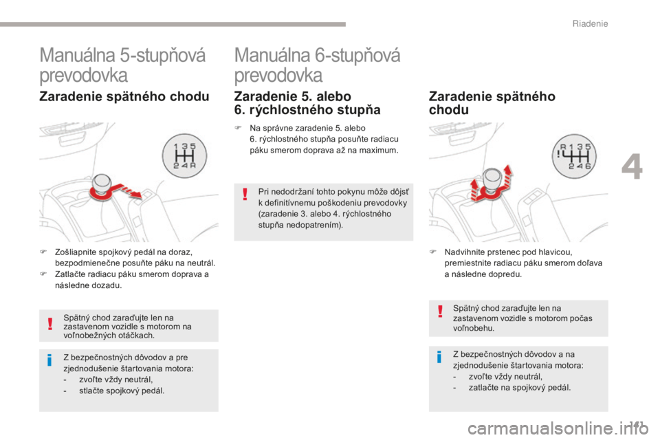 CITROEN C4 SPACETOURER 2018  Návod na použitie (in Slovak) 141
C4-Picasso-II_sk_Chap04_conduite_ed02-2016
Manuálna 5-stupňová 
prevodovka
Zaradenie spätného chodu
F Zošliapnite spojkový pedál na doraz, bezpodmienečne posuňte páku na neutrál.
F
 
Z