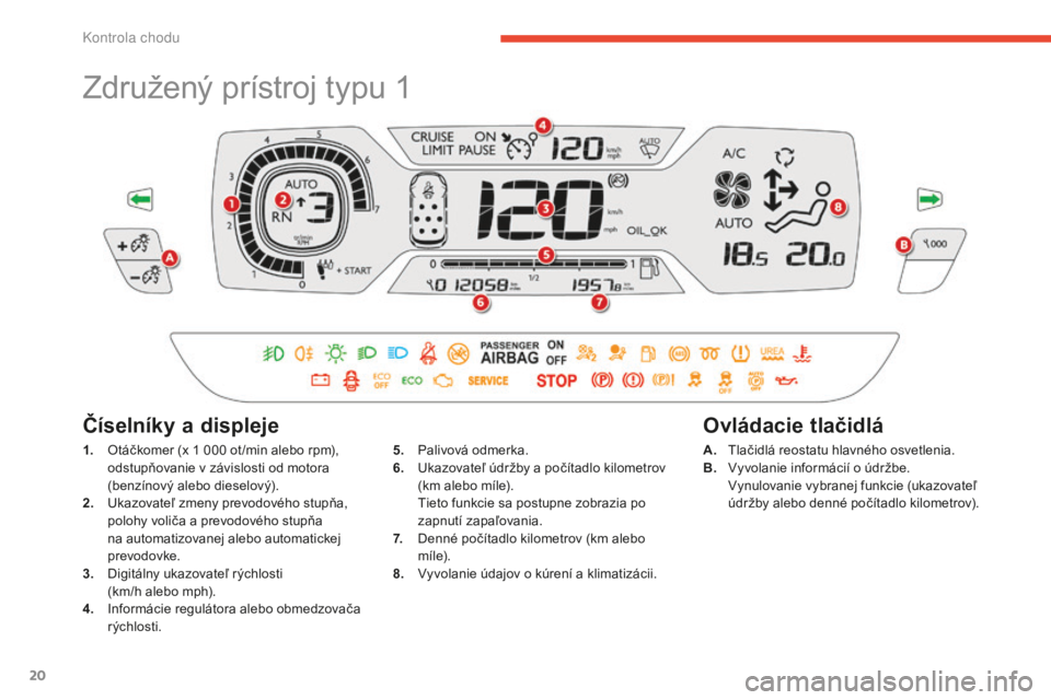 CITROEN C4 SPACETOURER 2015  Návod na použitie (in Slovak) 20
C4-Picasso-II_sk_Chap01_controle-de-marche_ed01-2014
Združený prístroj typu 1
1. Otáčkomer (x 1  000   ot /min alebo rpm), 
odstupňovanie v závislosti od motora 
(benzínový alebo dieselov