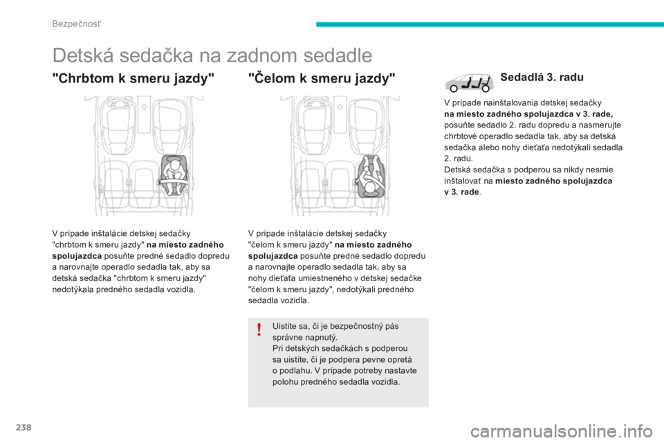 CITROEN C4 SPACETOURER 2015 Návod na použitie (in Slovak) 238
C4-Picasso-II_sk_Chap06_securite_ed01-2014
Detská sedačka na zadnom sedadle
"Chrbtom k smeru jazdy"
v prípade inštalácie detskej sedačky
" chrbtom k smeru jazdy" na miesto z CITROEN C4 SPACETOURER 2015 Návod na použitie (in Slovak) 238
C4-Picasso-II_sk_Chap06_securite_ed01-2014
Detská sedačka na zadnom sedadle
"Chrbtom k smeru jazdy"
v prípade inštalácie detskej sedačky
" chrbtom k smeru jazdy" na miesto z