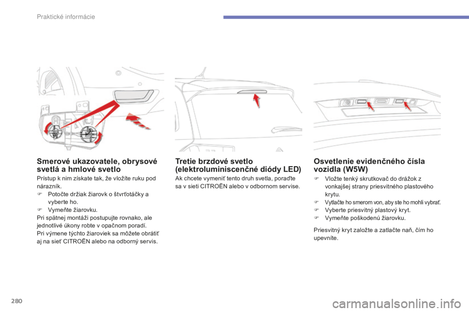 CITROEN C4 SPACETOURER 2015  Návod na použitie (in Slovak) 280
C4-Picasso-II_sk_Chap07_info-pratiques_ed01-2014
Smerové ukazovatele, obrysové 
svetlá a hmlové svetlo
Prístup k nim získate tak, že vložíte ruku pod 
nárazník.
F 
P
 otočte držiak ž