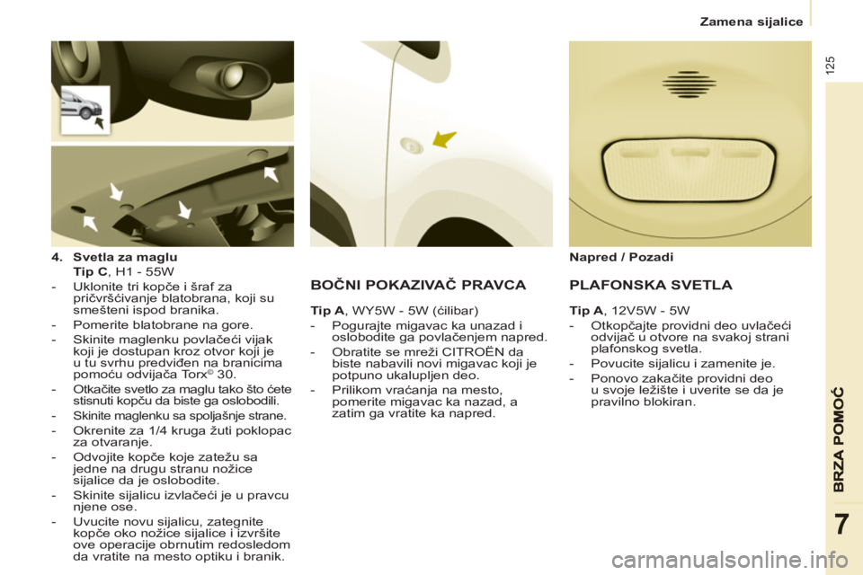 CITROEN BERLINGO ELECTRIC 2015 Priručnik (in Serbian)
Zamena sijalice
125
7
4.
Svetla za maglu
Tip C
, H1 - 55W
- Uklonite tri kopče i šraf za
pričvršćivanje blatobrana, koji su
smešteni ispod branika.
- CITROEN BERLINGO ELECTRIC 2015 Priručnik (in Serbian)
Zamena sijalice
125
7
4.
Svetla za maglu
Tip C
, H1 - 55W
- Uklonite tri kopče i šraf za
pričvršćivanje blatobrana, koji su
smešteni ispod branika.
-