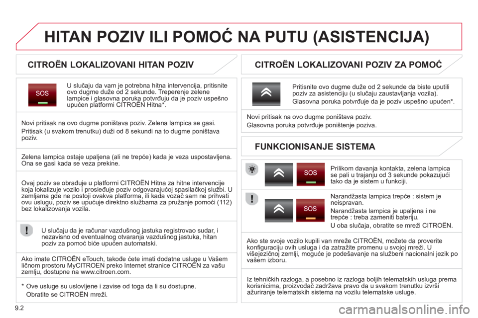 CITROEN BERLINGO ELECTRIC 2015  Priručnik (in Serbian) 9.2
HITAN POZIV ILI POMOĆ NA PUTU (ASISTENCIJA) 
 
 
 
 
 
 
 
 
 
 
CITROËN LOKALIZOVANI HITAN POZIV  
U slučaju da vam je potrebna hitna intervencija, pritisnite 
ovo dugme duže od 2 sekunde. Tr