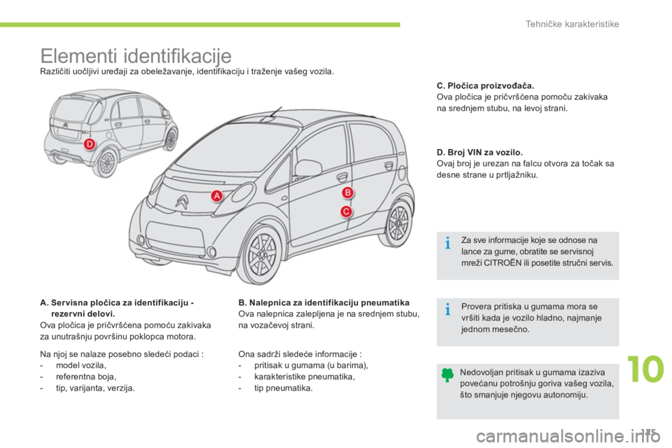 CITROEN C-ZERO 2014  Priručnik (in Serbian) 10
Tehničke karakteristike
125
   
 
 
 
 
 
 
 
 
 
 
 
 
 
Elementi identiﬁ kacije  
Različiti uočljivi uređaji za obeležavanje, identifikaciju i traženje vašeg vozila. 
A.  Servisna ploči