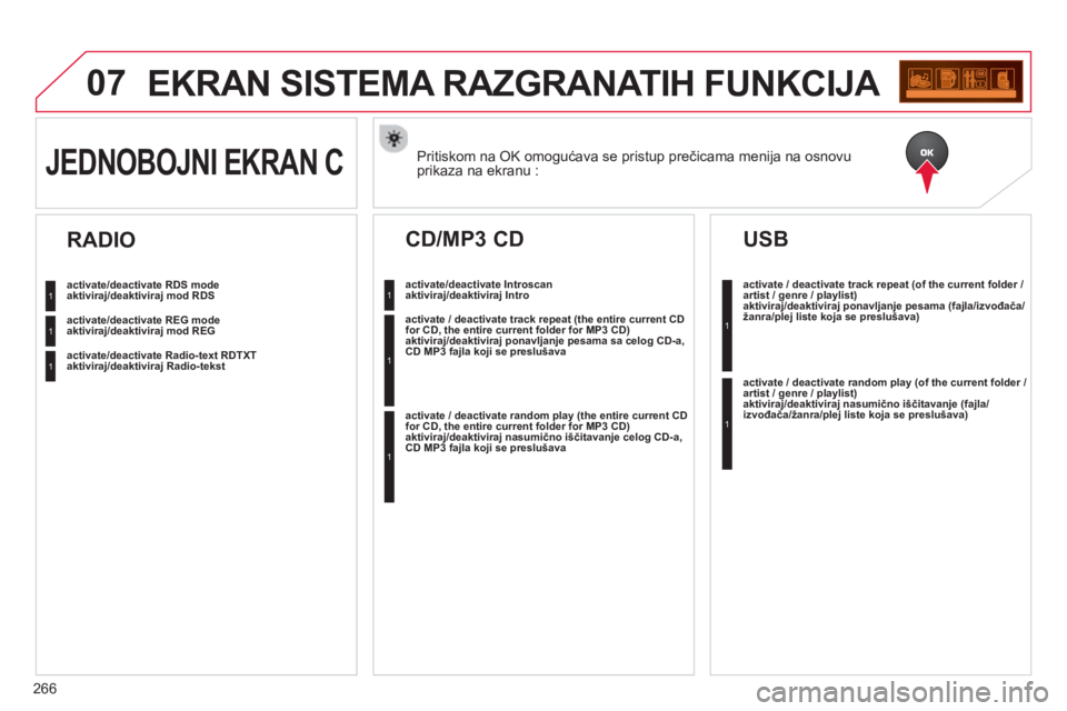 CITROEN C3 2014  Priručnik (in Serbian) 07
266
EKRAN SISTEMA RAZGRANATIH FUNKCIJA 
Pritiskom na OK omogućava se pristup prečicama menija na osnovu 
prikaza na ekranu :  JEDNOBOJNI EKRAN C 
activate/deactivate RDS modeaktiviraj/deaktiviraj