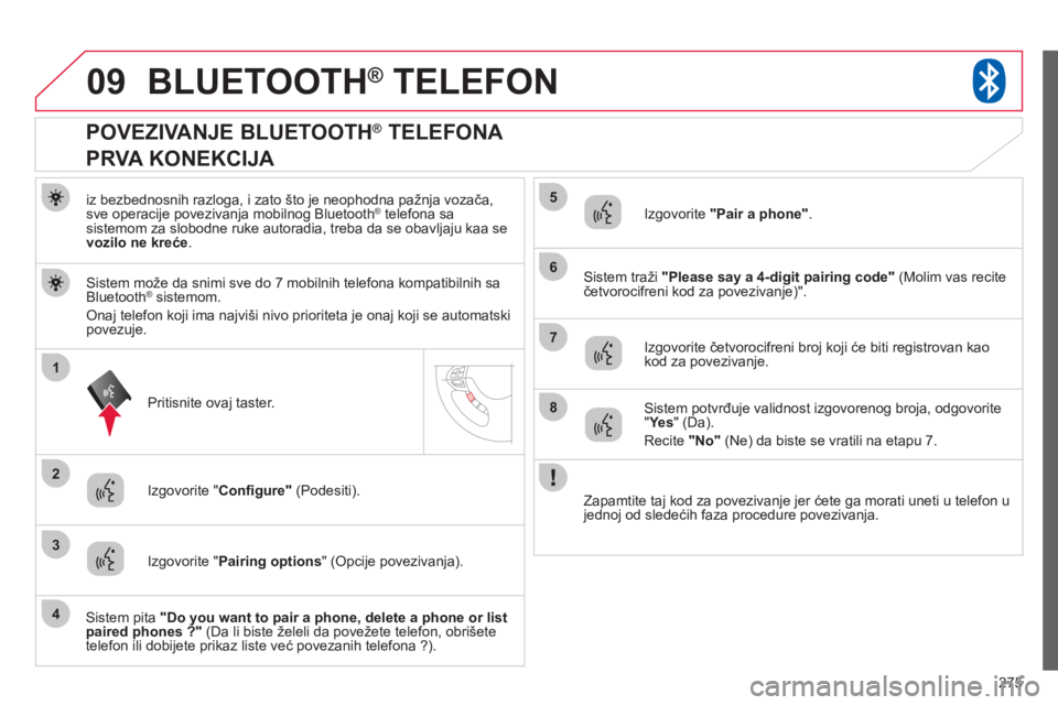CITROEN C4 AIRCROSS 2013  Priručnik (in Serbian) 275
09
1
3
6
8
2
5
7
4
BLUETOOTH®   TELEFON®
iz bezbednosnih razloga, i zato što je neophodna pažnja vozača,
sve operacije povezivanja mobilnog Bluetooth ®telefona sa 
sistemom za slobodne ruke 