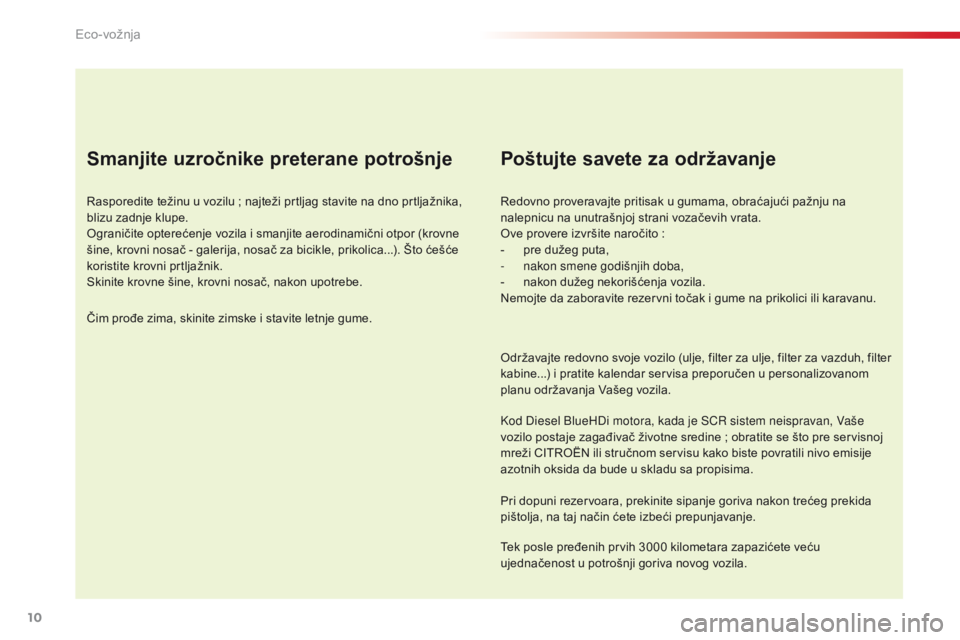 CITROEN C4 CACTUS 2016 Priručnik (in Serbian) 10
C4-cactus_sr_Chap00c_eco-conduite_ed01-2015
Smanjite uzročnike preterane potrošnje
Rasporedite težinu u vozilu ; najteži prtljag stavite na dno prtljažnika,
b lizu zadnje klupe.
Ograničite o CITROEN C4 CACTUS 2016 Priručnik (in Serbian) 10
C4-cactus_sr_Chap00c_eco-conduite_ed01-2015
Smanjite uzročnike preterane potrošnje
Rasporedite težinu u vozilu ; najteži prtljag stavite na dno prtljažnika,
b lizu zadnje klupe.
Ograničite o