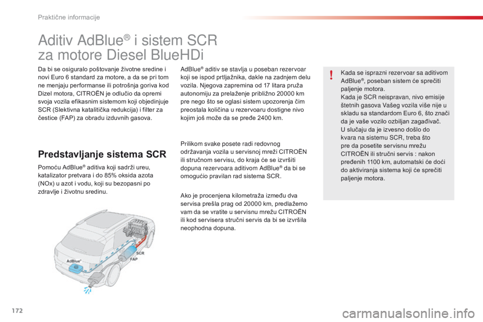 CITROEN C4 CACTUS 2016  Priručnik (in Serbian) 172
C4-cactus_sr_Chap07_info-pratiques_ed01-2015
Aditiv AdBlue® i sistem SCR
za motore Diesel BlueHDi
Da bi se osiguralo poštovanje životne sredine i 
novi Euro 6 standard za motore, a da se pri to