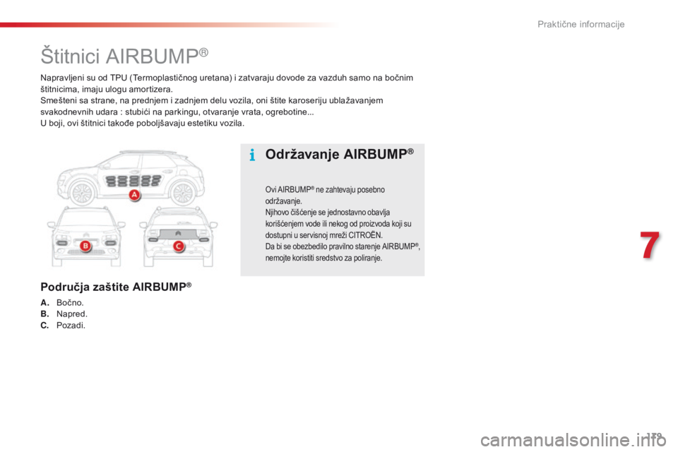 CITROEN C4 CACTUS 2016  Priručnik (in Serbian) 179
C4-cactus_sr_Chap07_info-pratiques_ed01-2015
Napravljeni su od TPU (Termoplastičnog uretana) i zatvaraju dovode za vazduh samo na bočnim 
štitnicima, imaju ulogu amortizera.
Smešteni sa strane