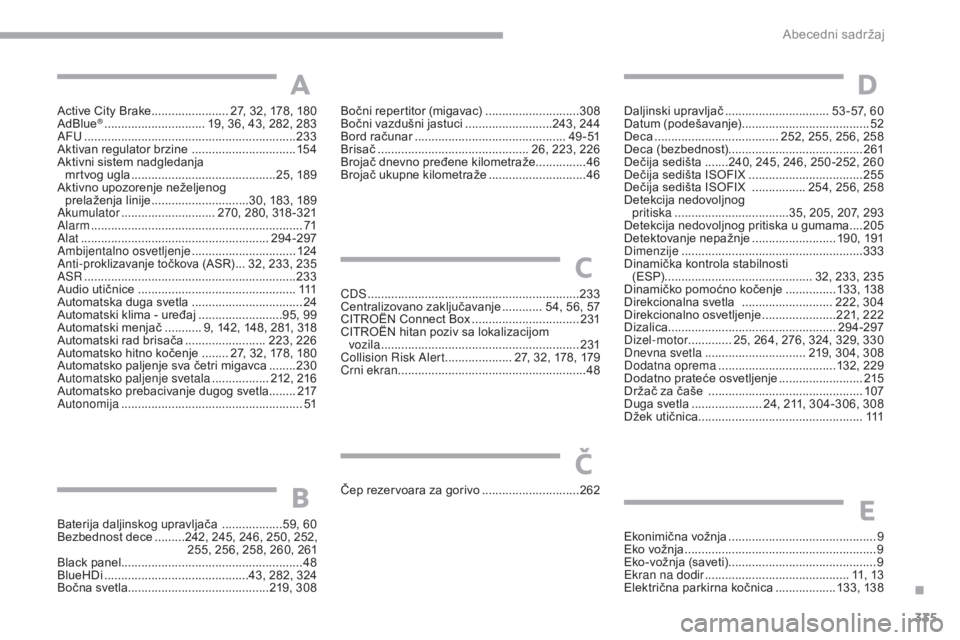 CITROEN C4 SPACETOURER 2018 Priručnik (in Serbian) 335
C4-Picasso-II_sr_Chap10_index-alpha_ed02-2016
Active City Brake ....................... 27, 32, 178, 180
AdBlue® .............................. 1 9, 36, 43, 282, 283
AFU ....... ................. CITROEN C4 SPACETOURER 2018 Priručnik (in Serbian) 335
C4-Picasso-II_sr_Chap10_index-alpha_ed02-2016
Active City Brake ....................... 27, 32, 178, 180
AdBlue® .............................. 1 9, 36, 43, 282, 283
AFU ....... .................